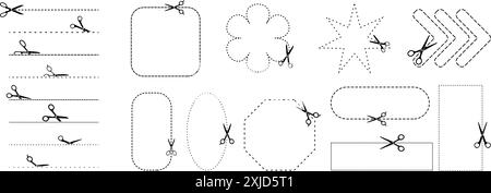 Scissors with dotted cut lines and geometric shapes. Cut here symbol Stock Vector