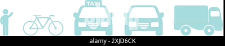 Transportation from pedestrian to truck. Set of transport type, blue line vector icons. Stock Vector