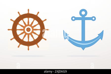 Ship steering wheel and nautical anchor isolated on white background. Marine concept and seafaring symbol Stock Vector