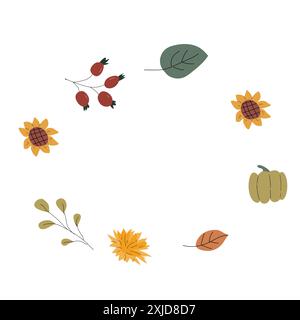 Autumn fall leaves frame or border for seasonal holidays, harvest elements background. Cute celebration design in hand drawn style. Stock Vector