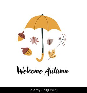 Autumn fall card template with seasonal leaves and items. Celebration design with childrens forest animal and harvest elements. Stock Vector
