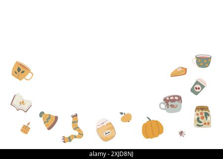 Autumn fall leaves frame or border for seasonal holidays, harvest elements background. Cute celebration design in hand drawn style. Stock Vector
