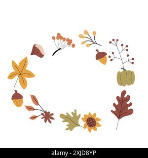 Autumn fall leaves frame or border for seasonal holidays, harvest elements background. Cute celebration design in hand drawn style. Stock Vector