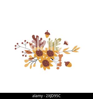 fall harvest background or banner with autumn seasonal elements. Cute foliage, drinks, clothes. Round background for cover design, cards. Stock Vector