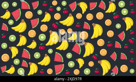 Colorful fruit pattern with dark background. Vector illustration Stock Vector