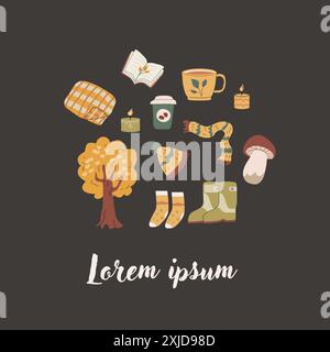 Autumn fall card template with seasonal leaves and items. Celebration design with childrens forest animal and harvest elements. Stock Vector