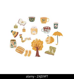 fall harvest background or banner with autumn seasonal elements. Cute foliage, drinks, clothes. Round background for cover design, cards. Stock Vector