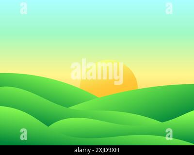 Gradient green meadows at dawn in a minimalist style. Panoramic natural landscape with green hills and the rising sun on the horizon. Design for cover Stock Vector