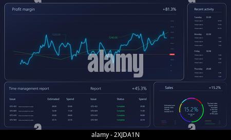 3D Render: Analytical Interface For Business Strategy With Financial Graph And Data On Dark Background. Software For Sales and Profit Margins Analysis. Mockup Template For Computers, Laptop Screens. Stock Photo