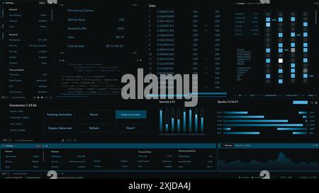 3D Render: Software Interface Showing Infographics, Cyber Security Checkup, Monitoring Data, Statistics, Analytics and Functioning of Server Database. Mockup Template For Computer And Laptop Screens. Stock Photo