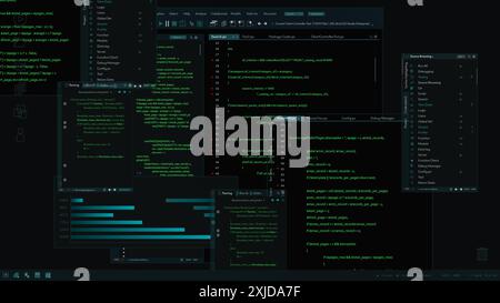 3D Render: Software Backend Mock-up with Different Windows With Code Opened Up. Dark Project Monitoring Interface with Programming Environments. Template for Computer Displays and Laptop Screens. Stock Photo