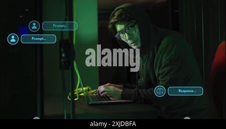 Image of globe ai data processing over asian man with laptop by servers Stock Photo