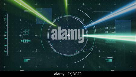 Image of flashing coloured light beams over circular scanner processing data on black background. Network, data, connection, digital interface and com Stock Photo