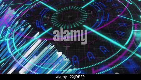 Image of lights and colourful circular scanner processing on black background. Network, data, connection, digital interface and communication, digital Stock Photo