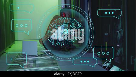 Image of ai data processing over asian man using vr fixing computer server. Global artificial intelligence, data processing, computing and digital int Stock Photo
