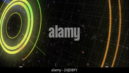 Image of lights and colourful circular scanner processing on black background. Network, data, connection, digital interface and communication, digital Stock Photo