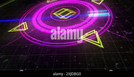 Image of lights and colourful circular scanner processing on black background. Network, data, connection, digital interface and communication, digital Stock Photo