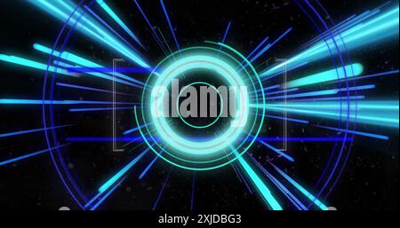 Image of flashing blue and pink light beams over blue circular scanner processing on black. Data, connection, digital interface and communication, dig Stock Photo