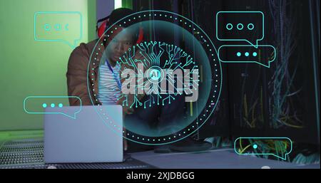 Image of human brain ai data processing over african american man using lapt. Global artificial intelligence, data processing, computing and digital i Stock Photo