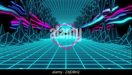 Image of blue and pink neon waves and line hexagons over digital grid and landscape Stock Photo