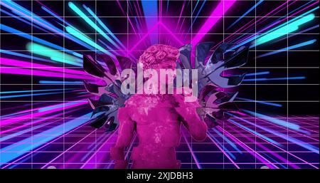 Image of pink classical statue and leaves distorting over grid and neon beams on black. Creativity, data, connection, processing, digital interface an Stock Photo