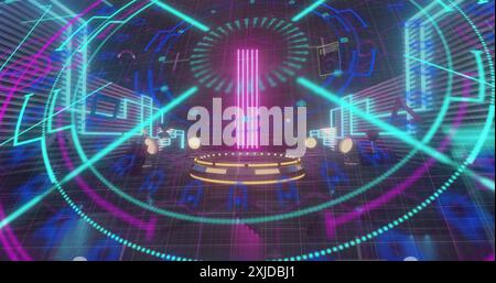 Image of colourful circular scanner processing over podium in dark room with neon lights Stock Photo
