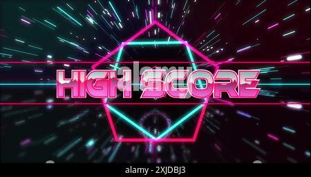 Image of high score text in metallic pink over neon hexagons and lights on black background Stock Photo
