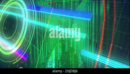 Image of flashing coloured light beams and circular scanner over green lit server room. Processing, data, connection, digital interface and communicat Stock Photo