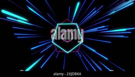 Image of strobing blue and pink neon light beams over line hexagons on black background. Connection, data, processing, digital interface and communica Stock Photo