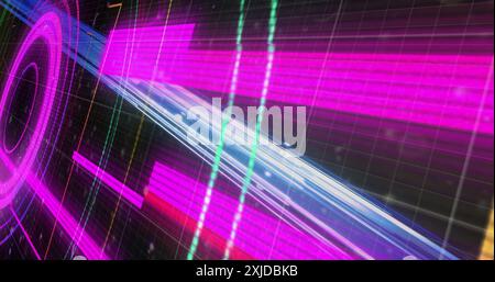 Image of lights and colourful circular scanner processing on black background. Network, data, connection, digital interface and communication, digital Stock Photo