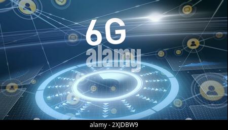 Image of 6g text, network of connections with icons and data processing. Global connections, computing and data processing concept digitally generated Stock Photo