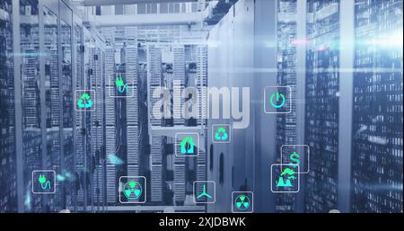 Image of eco icons and digital data processing over computer servers. Global connections, computing and data processing concept digitally generated im Stock Photo