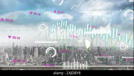 Image of charts and processing data over cloudy cityscape Stock Photo