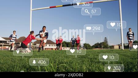 Image of digital data processing over diverse rugby players on field Stock Photo