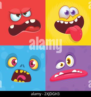 Cartoon monster faces set. Vector set of four Halloween monster faces or avatars. Print design of monsters mask for masquerade. Stock Vector
