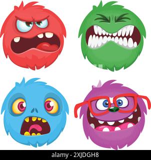 Cartoon monster faces set. Vector set of four Halloween monster faces or avatars. Print design of monsters mask for masquerade. Stock Vector