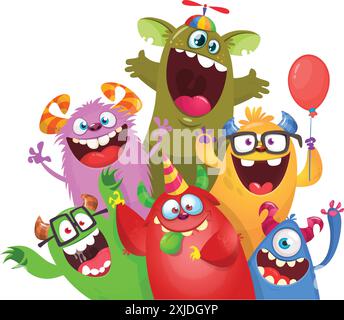 Cute cartoon Monsters. Vector set of cartoon happy monsters with balloons and party hats. Illustration isolated. Stock Vector