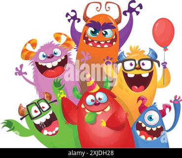 Cute cartoon Monsters. Vector set of cartoon happy monsters with balloons and party hats. Illustration isolated. Stock Vector