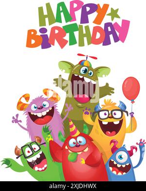 Cute cartoon Monsters. Vector set of cartoon monsters with balloons and party hats for birthday party. Illustration isolated. Stock Vector