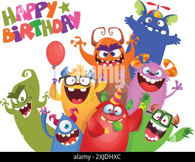 Cute cartoon Monsters. Vector set of cartoon monsters with balloons and party hats for birthday party. Illustration isolated. Stock Vector