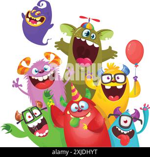 Cute cartoon Monsters. Vector set of cartoon monsters with balloons and party hats. Illustration isolated. Stock Vector