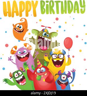 Cute cartoon Monsters. Vector set of cartoon monsters with balloons and party hats for birthday party. Illustration isolated. Stock Vector