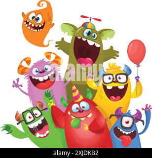 Cute cartoon Monsters. Vector set of cartoon monsters with balloons and party hats. Illustration isolated. Stock Vector