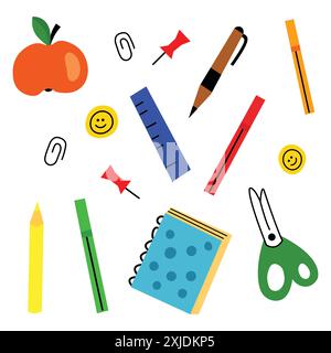 Colorful collection of school supplies scattered on a white background, featuring various tools Stock Vector