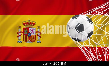 Football ball with the national flag of Spain. Flag of Spain. Horizontal Realistic waving flag of State of Spain. Stock Vector