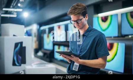 Portrait of Sales Representative in Home Electronics Store Using Tablet Computer for Online Workflow. Young Staff Member Manages Inventory, Product Availability, and Customer Orders from Internet Stock Photo