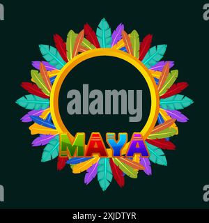 Empty cartoon frame of colored feathers for your game icons or slot symbols. Maya or Aztec cartoon game frame. Round-golden frame Stock Vector