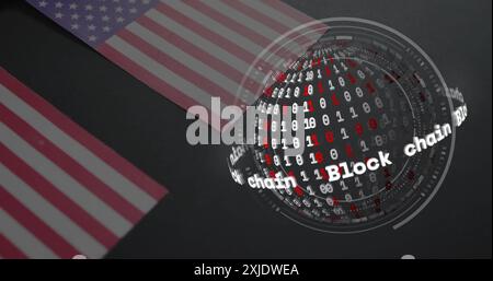 Image of binary coding, block chain text and globe with flag of usa over black background. Global finance, business, connections, computing and data p Stock Photo
