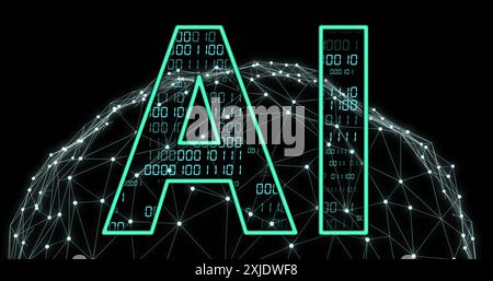 Image of ai text, binary coding data processing over globe. Global artificial intelligence, connections, computing and data processing concept digital Stock Photo