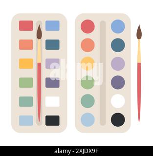 Bright paints in box with paint brush. Color palette. Painting tools, art supplies. Vector illustration Stock Vector